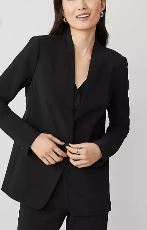 Nwot Ann Taylor The Long Collarless Blazer In Fluid Crepe Black 0